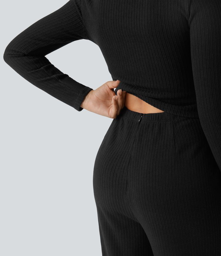 Ribbed Henley Long Sleeve Casual Jumpsuit with Pockets-Easy Peezy