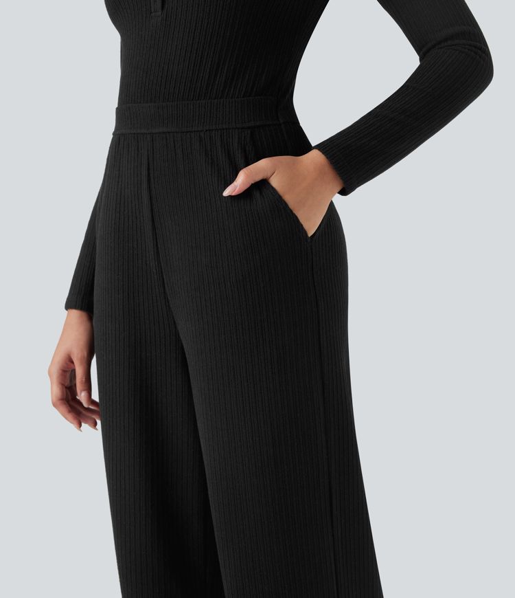 Ribbed Henley Long Sleeve Casual Jumpsuit with Pockets-Easy Peezy
