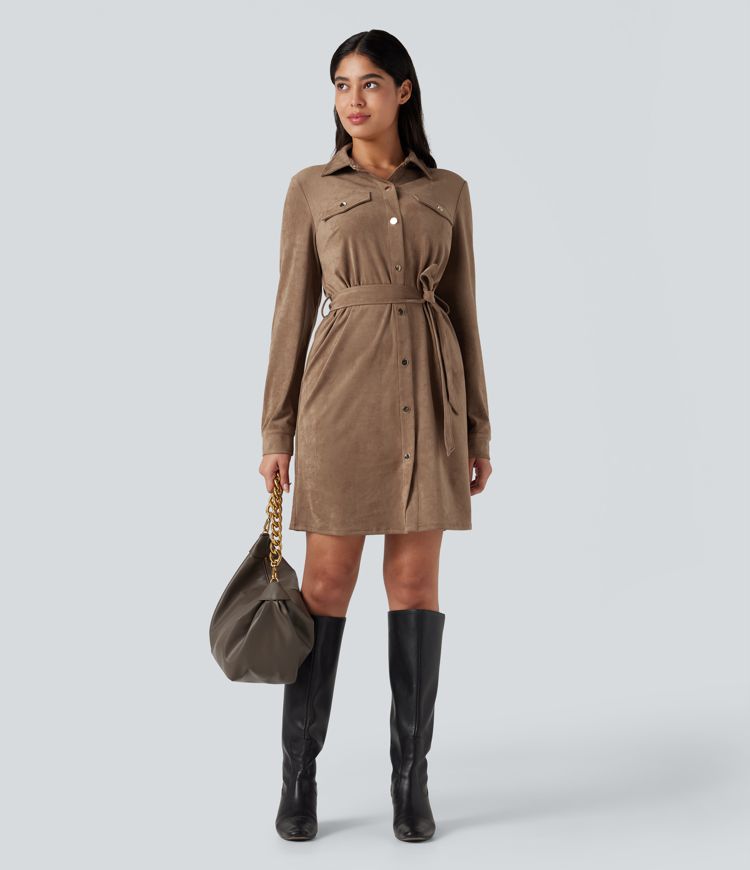 Long Sleeve Belted Suede Mini Casual Shirt Dress