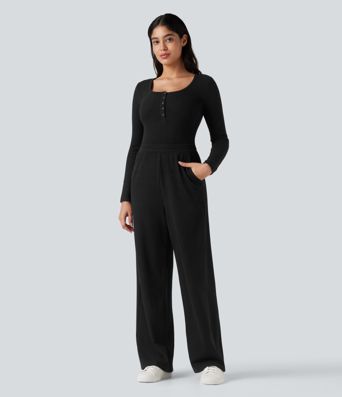 Ribbed Henley Long Sleeve Casual Jumpsuit with Pockets-Easy Peezy