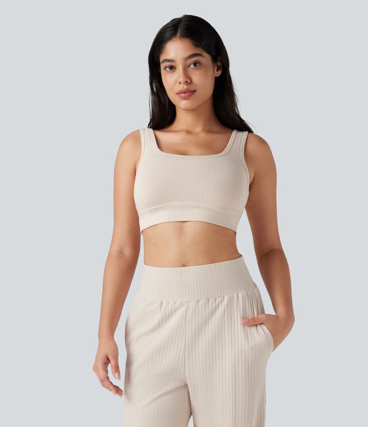 Ribbed Knit U-Neck Cropped Casual Tank Top