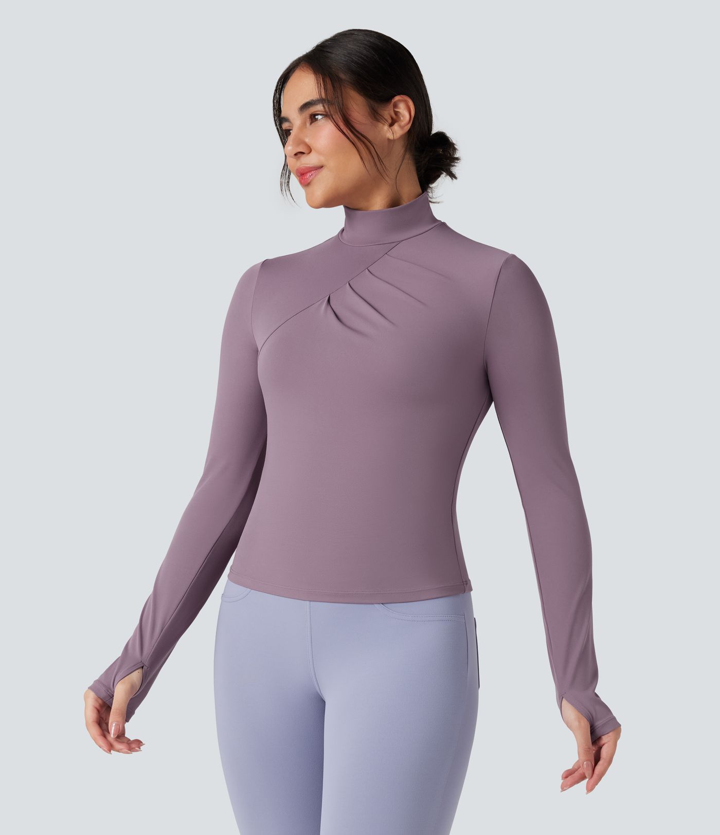 SoftlyZero™ Mock-neck Long Sleeve Thumb Holes Ruched Golf Sports Top-UPF50+