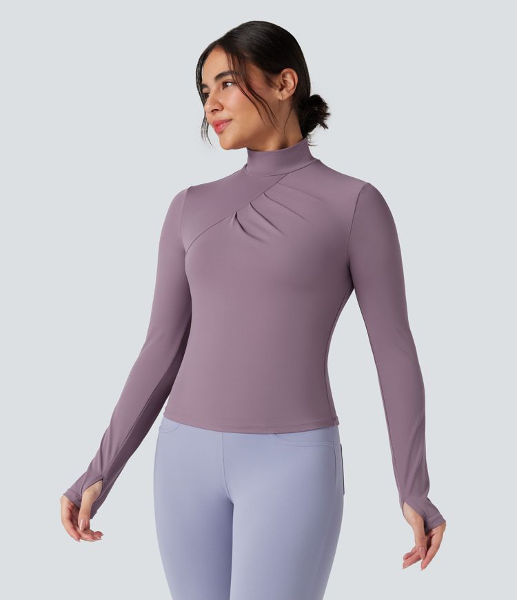 SoftlyZero™ Mock-neck Long Sleeve Thumb Holes Ruched Golf Sports Top-UPF50+
