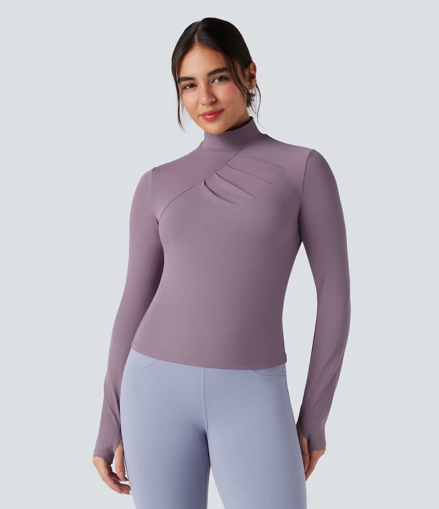 SoftlyZero™ Mock-neck Long Sleeve Thumb Holes Ruched Golf Sports Top-UPF50+