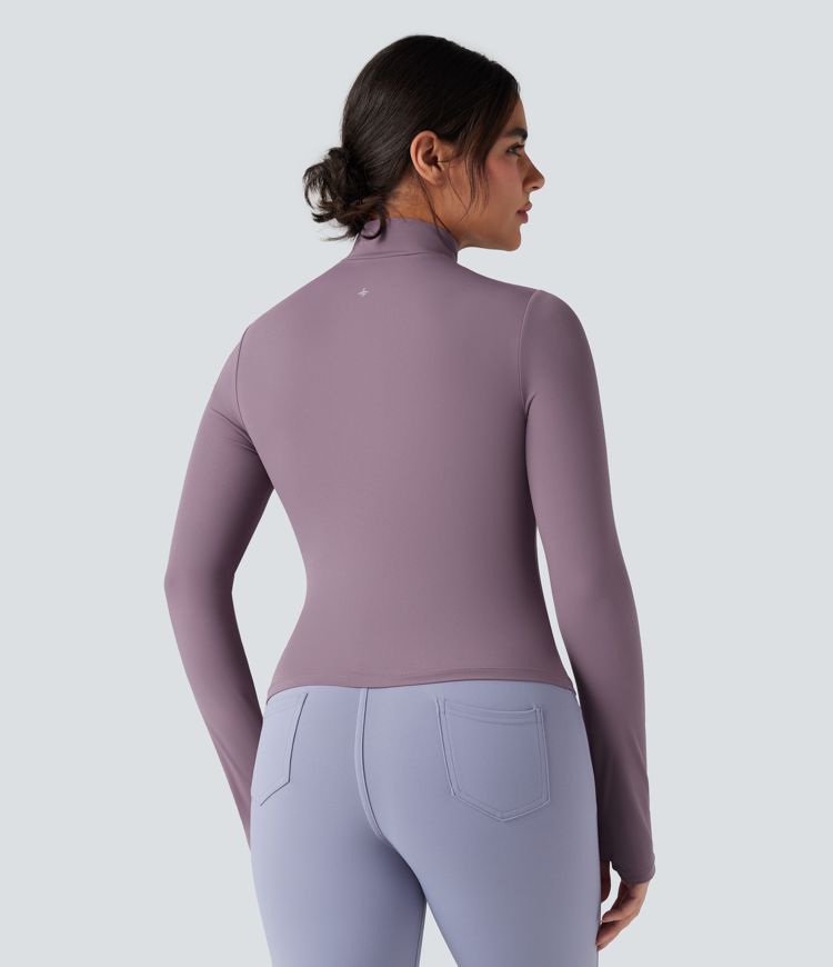 SoftlyZero™ Mock-neck Long Sleeve Thumb Holes Ruched Golf Sports Top-UPF50+