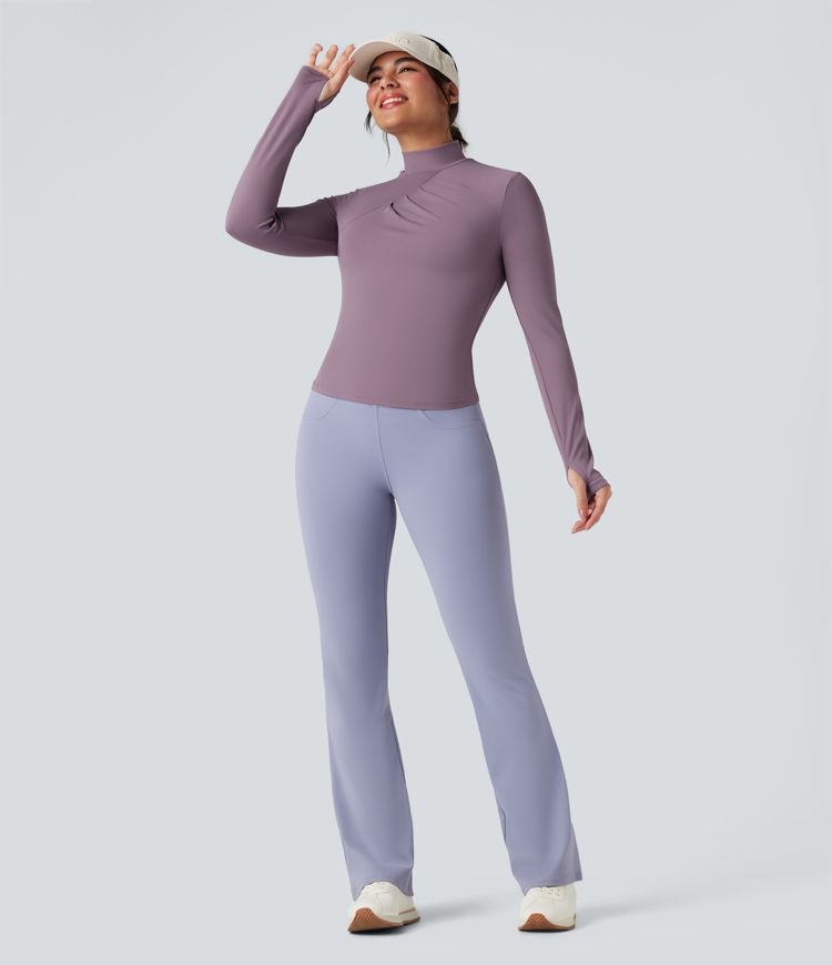 SoftlyZero™ Mock-neck Long Sleeve Thumb Holes Ruched Golf Sports Top-UPF50+