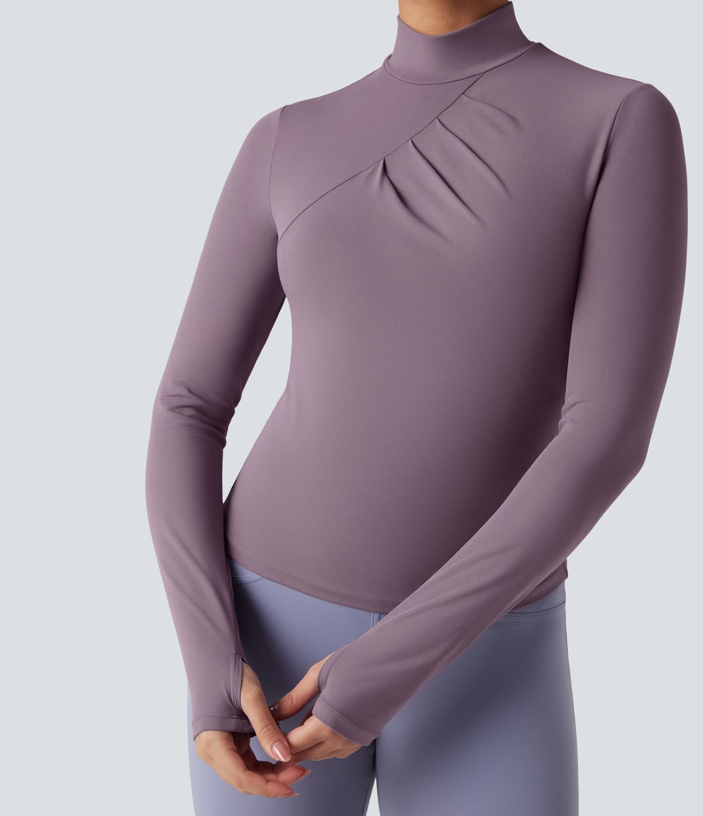 SoftlyZero™ Mock-neck Long Sleeve Thumb Holes Ruched Golf Sports Top-UPF50+