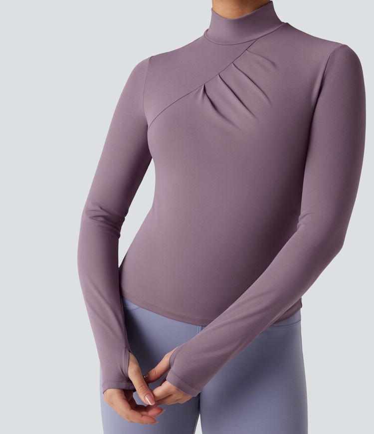SoftlyZero™ Mock-neck Long Sleeve Thumb Holes Ruched Golf Sports Top-UPF50+