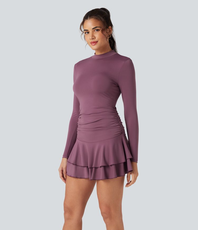 Mock-neck Long Sleeve Ruched Ruffle Tiered Hem Mini Casual Dress