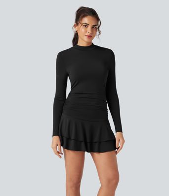 Robe mini décontractée à col montant, manches longues, froncée, à volants et ourlet à étages