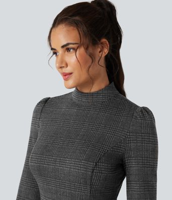 Stand Collar Long Sleeve Houndstooth Plaid Mini Casual Dress