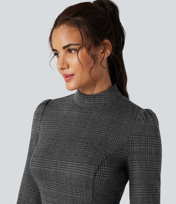 Women's Stand Collar Long Sleeve Houndstooth Plaid Mini Casual