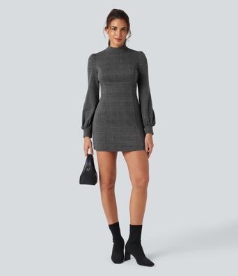 Stand Collar Long Sleeve Houndstooth Plaid Mini Casual Dress