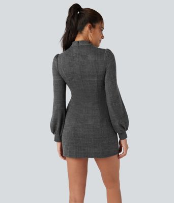 Stand Collar Long Sleeve Houndstooth Plaid Mini Casual Dress