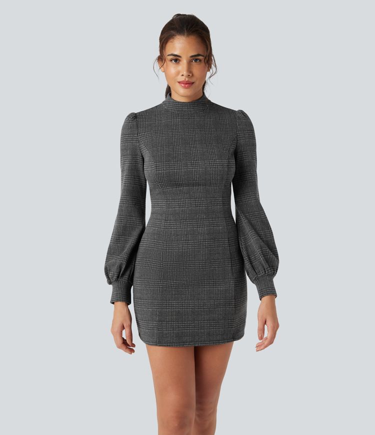 Stand Collar Long Sleeve Houndstooth Plaid Mini Casual Dress
