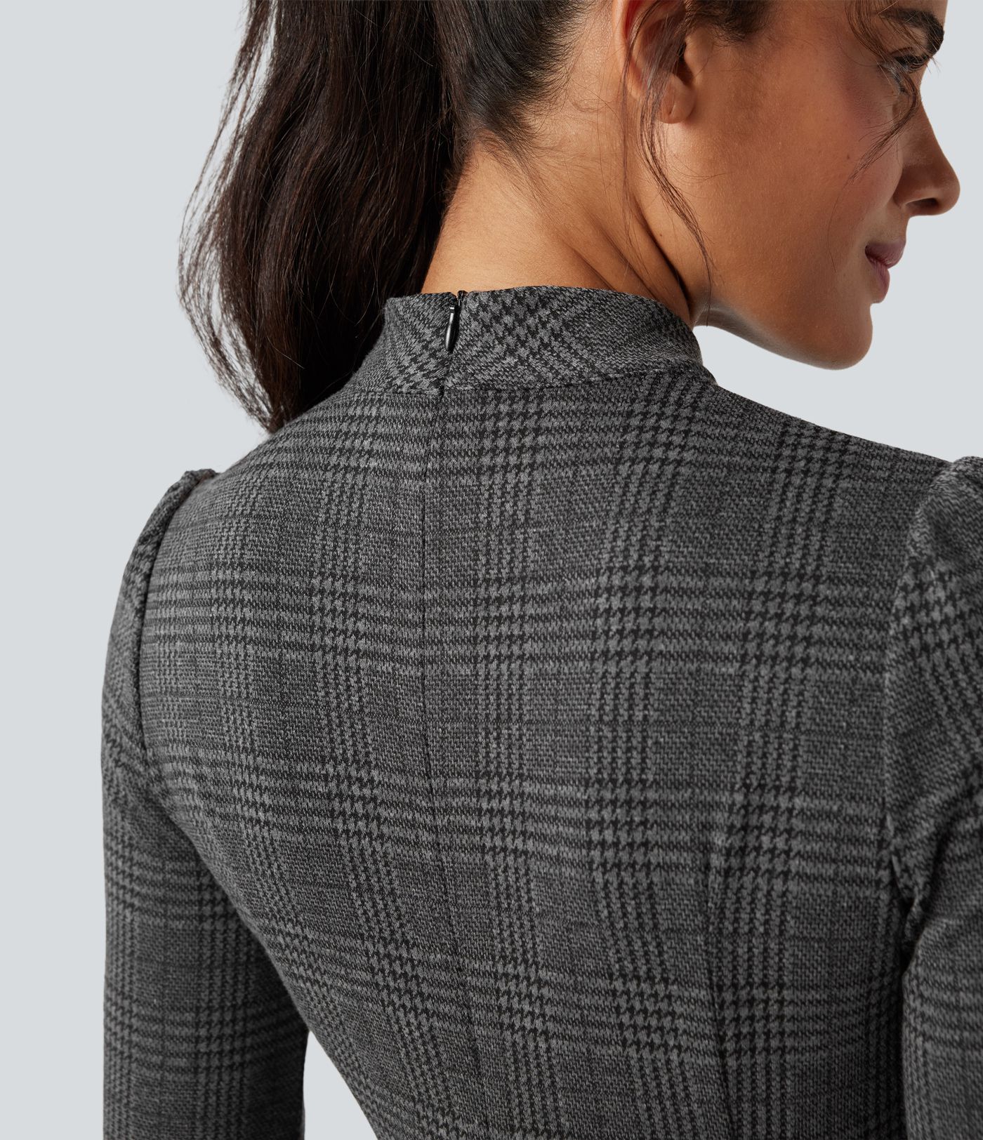 Stand Collar Long Sleeve Houndstooth Plaid Mini Casual Dress