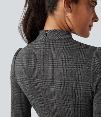 Stand Collar Long Sleeve Houndstooth Plaid Mini Casual Dress