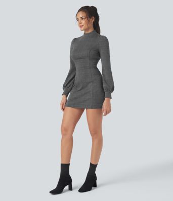 Stand Collar Long Sleeve Houndstooth Plaid Mini Casual Dress