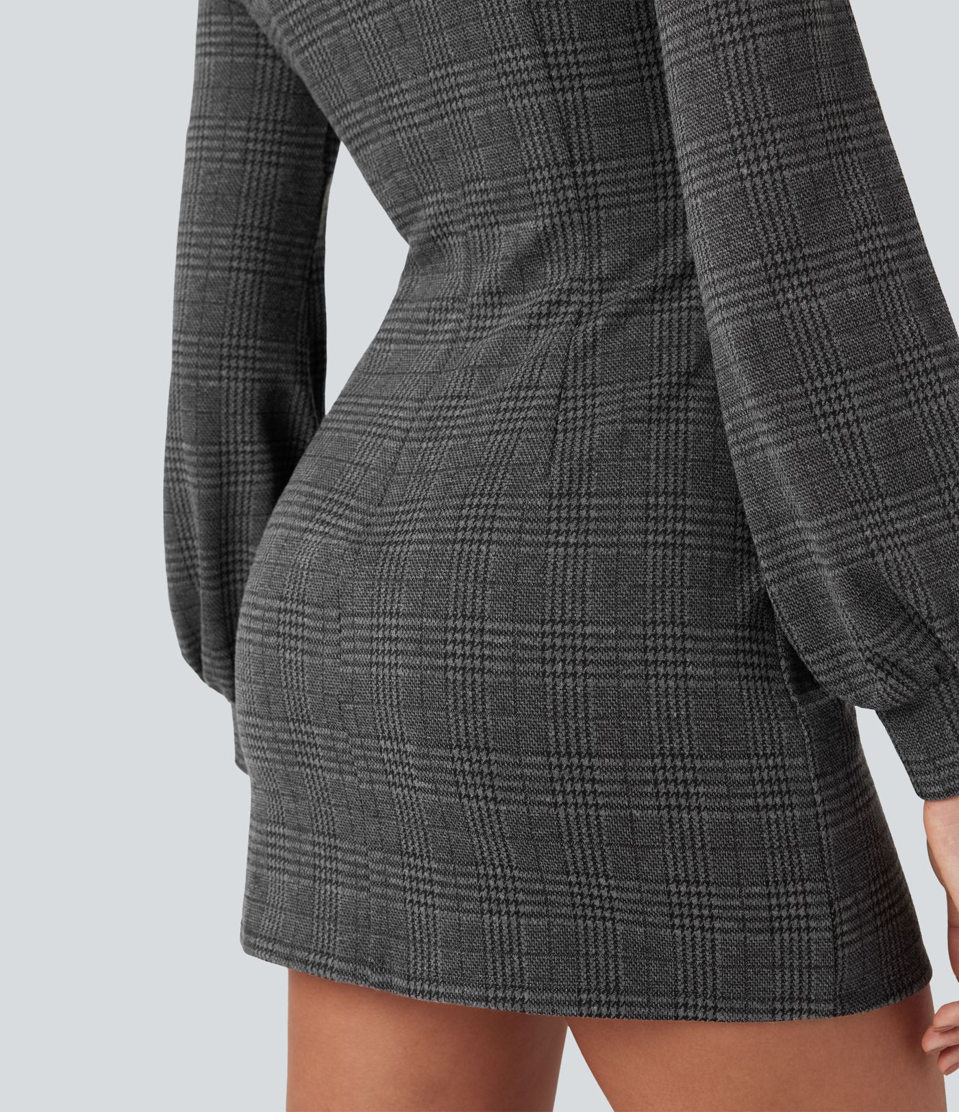 Stand Collar Long Sleeve Houndstooth Plaid Mini Casual Dress