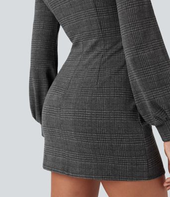 Stand Collar Long Sleeve Houndstooth Plaid Mini Casual Dress