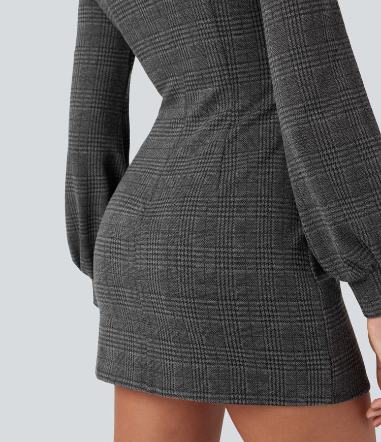 Stand Collar Long Sleeve Houndstooth Plaid Mini Casual Dress