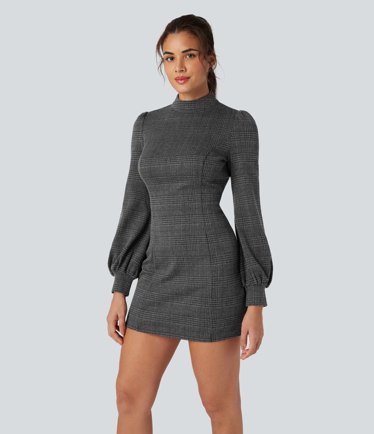 Stand Collar Long Sleeve Houndstooth Plaid Mini Casual Dress