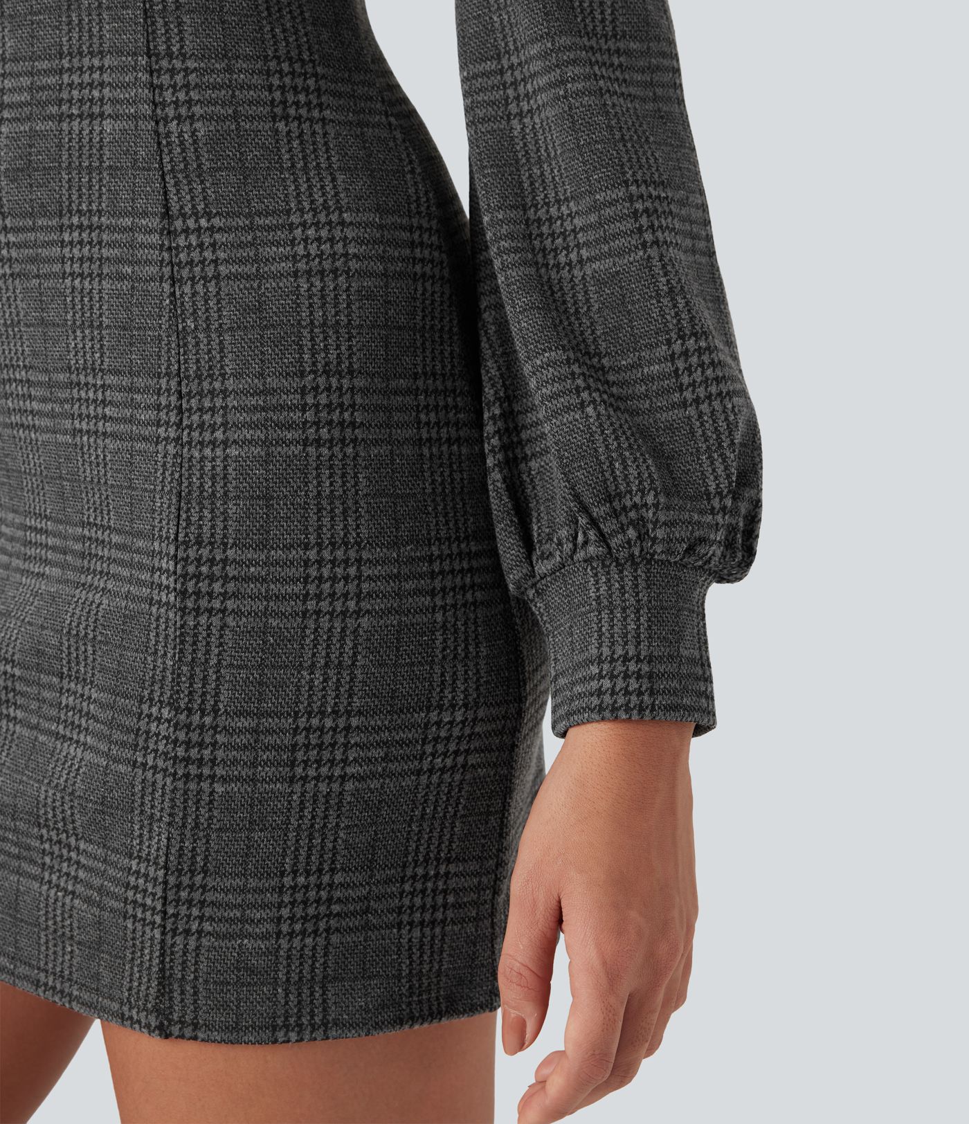 Stand Collar Long Sleeve Houndstooth Plaid Mini Casual Dress