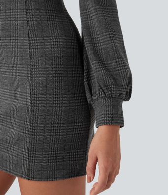 Stand Collar Long Sleeve Houndstooth Plaid Mini Casual Dress