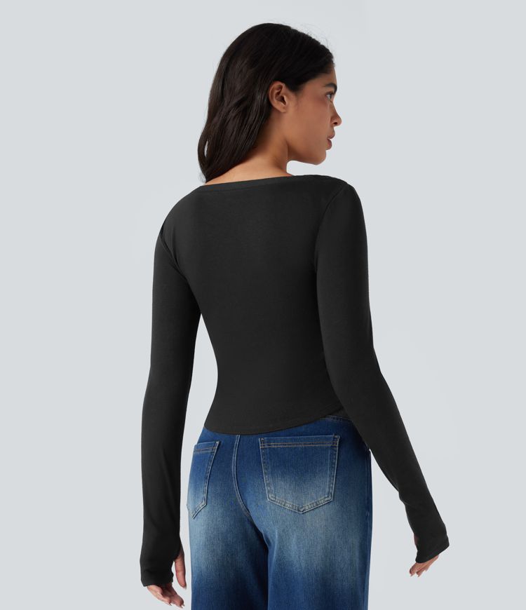 Sweetheart Neck Long Sleeve Thumb Hole Cropped Casual T-Shirt