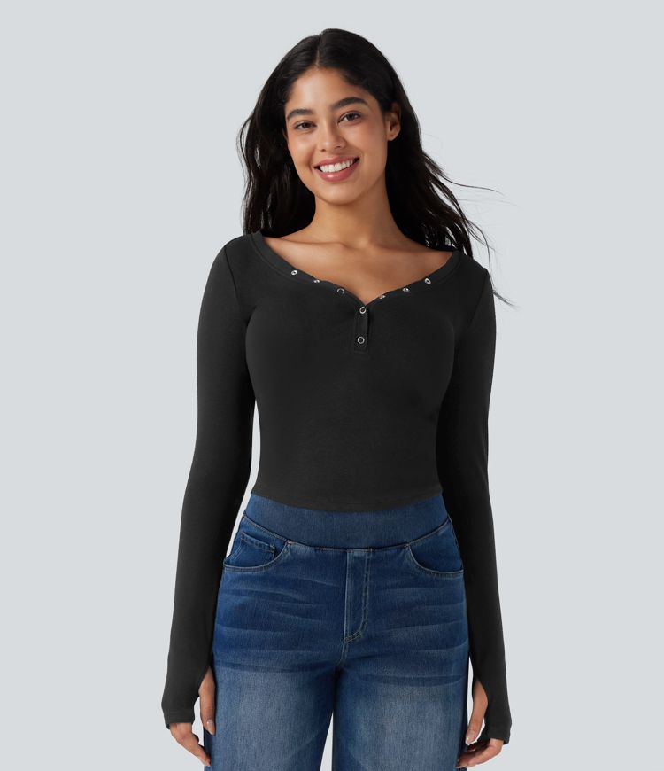 Sweetheart Neck Long Sleeve Thumb Hole Cropped Casual T-Shirt