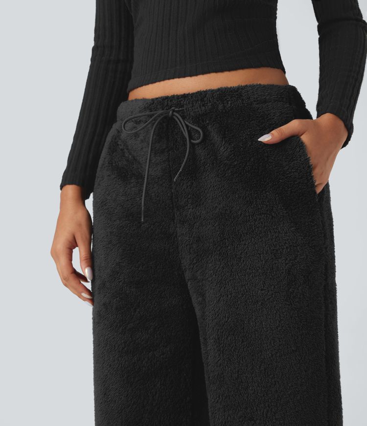 Mid Rise Drawstring Teddy Straight Leg Casual Pants with Pockets