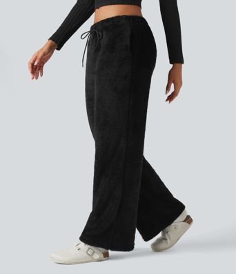 Mid Rise Drawstring Teddy Straight Leg Casual Pants with Pockets