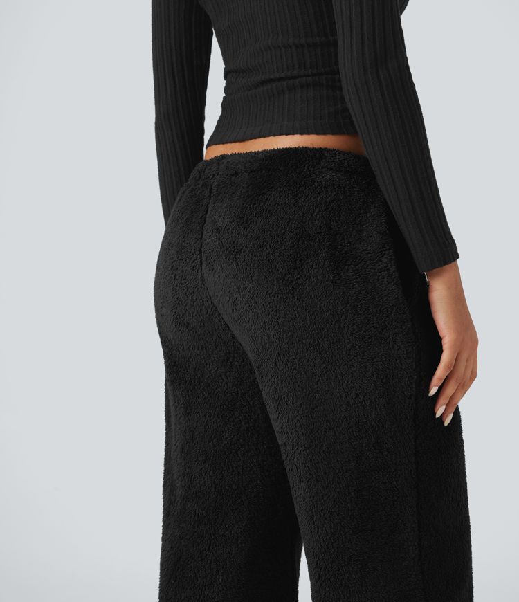 Mid Rise Drawstring Teddy Straight Leg Casual Pants with Pockets