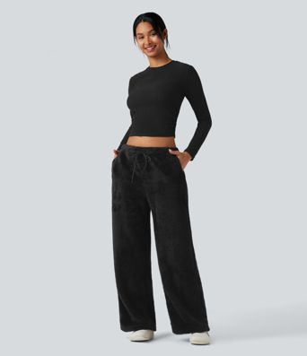 Mid Rise Drawstring Teddy Straight Leg Casual Pants with Pockets