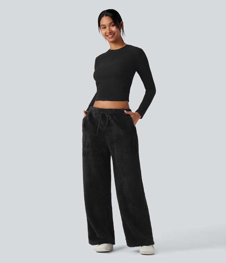 Mid Rise Drawstring Teddy Straight Leg Casual Pants with Pockets