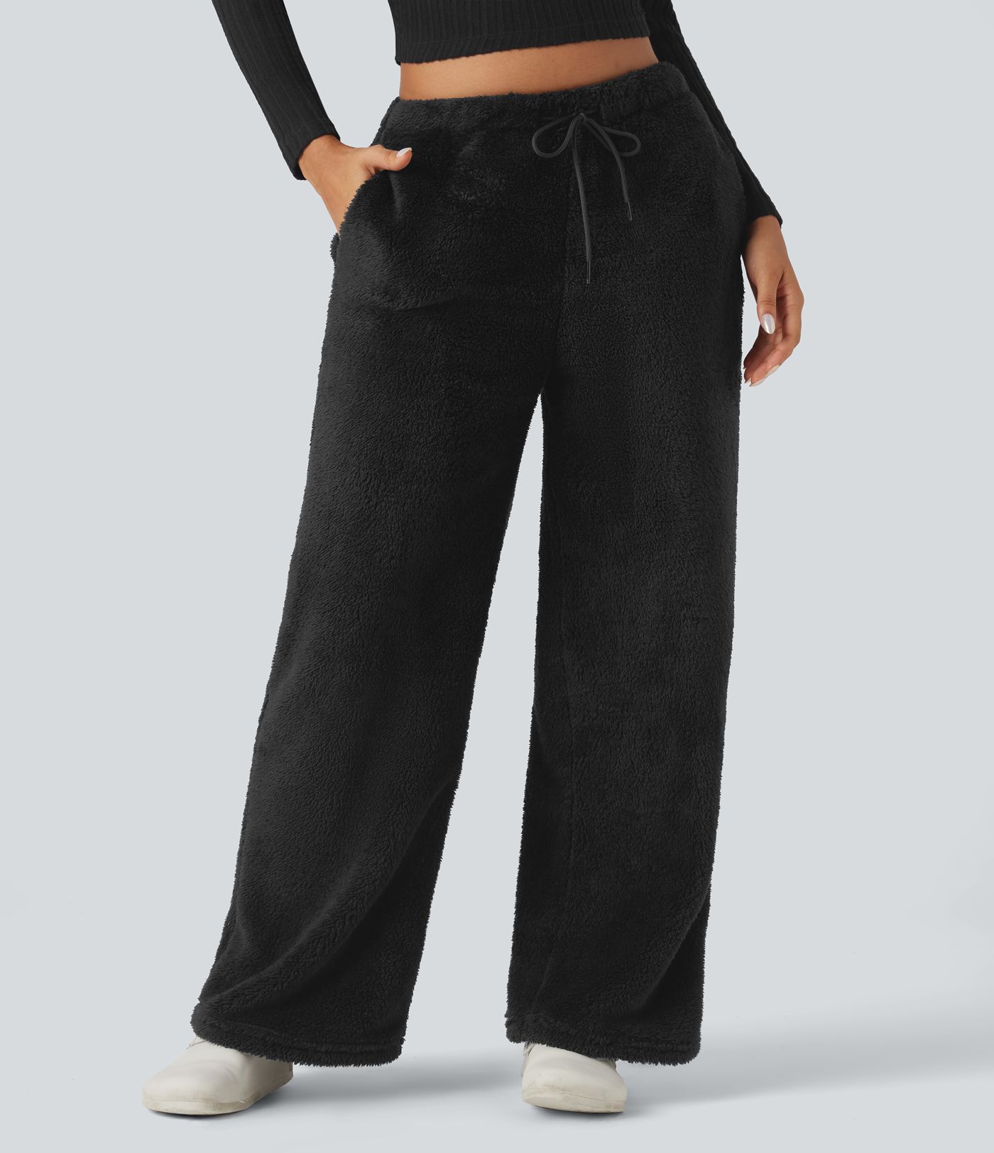 Mid Rise Drawstring Teddy Straight Leg Casual Pants with Pockets