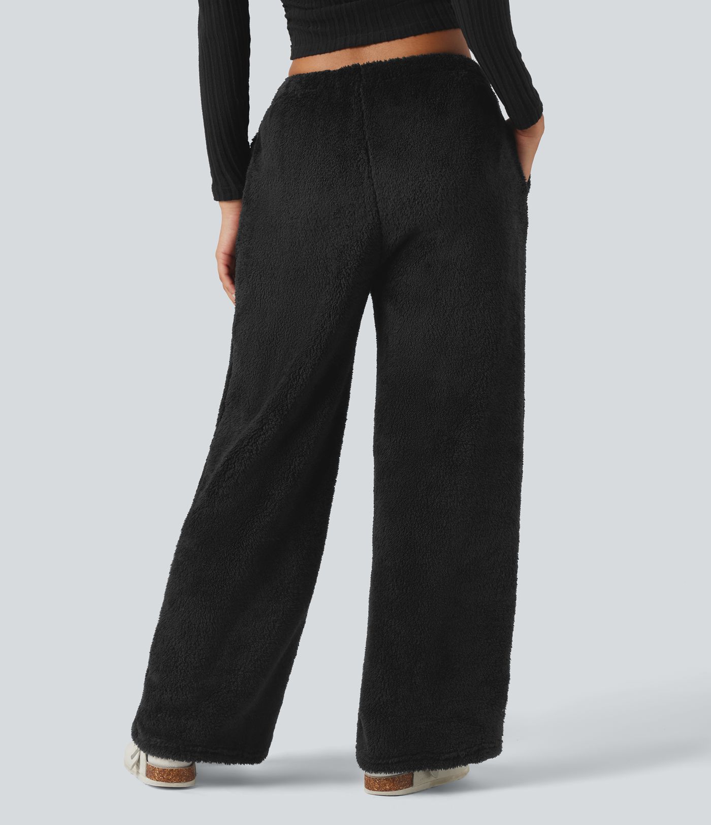 Mid Rise Drawstring Teddy Straight Leg Casual Pants with Pockets