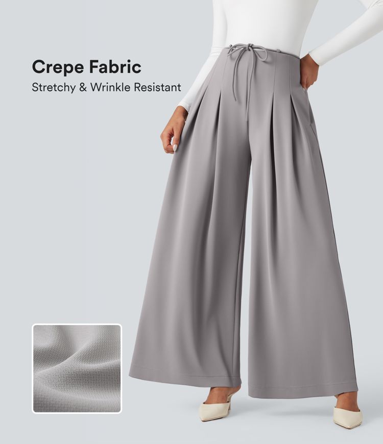 Halara Flex™ High Waisted Tie Front Wide Leg Crepe Work Pants with Pockets