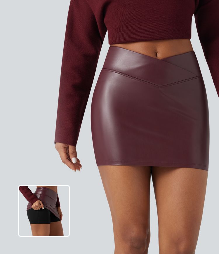 High Waisted Crossover 2-in-1 Bodycon Mini Fleece Casual PU Leather Skirt