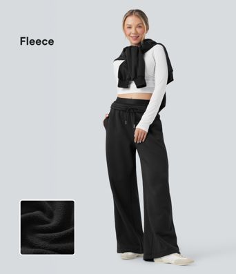 High Waisted Drawstring Wide Leg Fleece Casual Cotton Pants with Pockets
