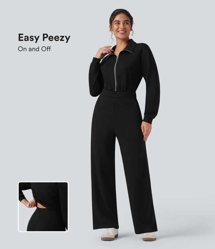 Lapel Zip Long Sleeve Casual Jumpsuit with Pockets-Easy Peezy