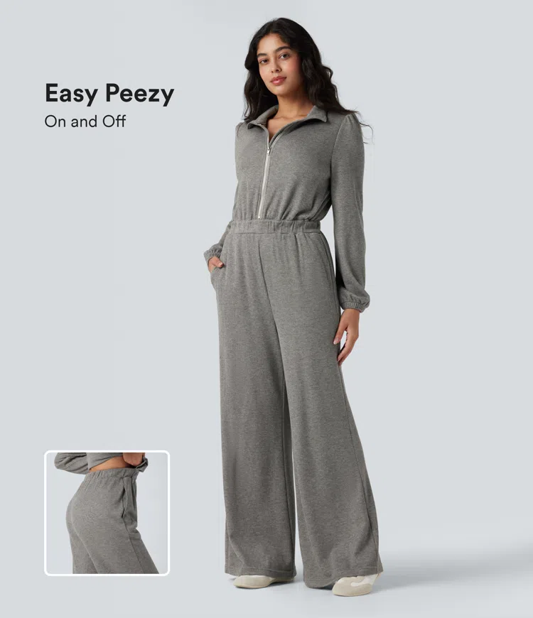 Half Zip Long Sleeve Wide Leg Casual Jumpsuit with Pockets-Easy Peezy Edition
