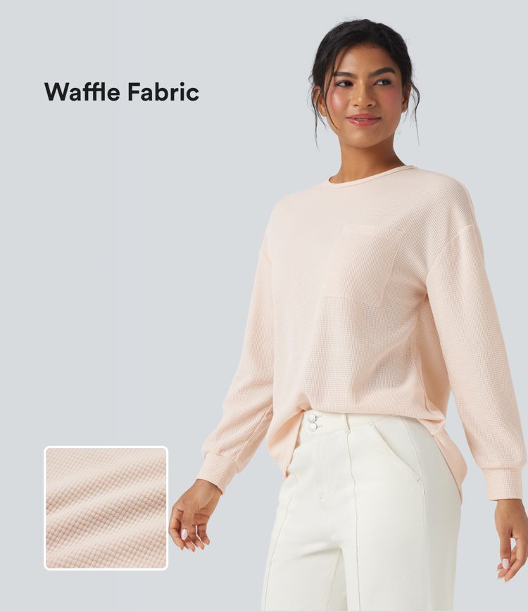 Waffle Round Neck Long Sleeve Casual T-Shirt with Pocket