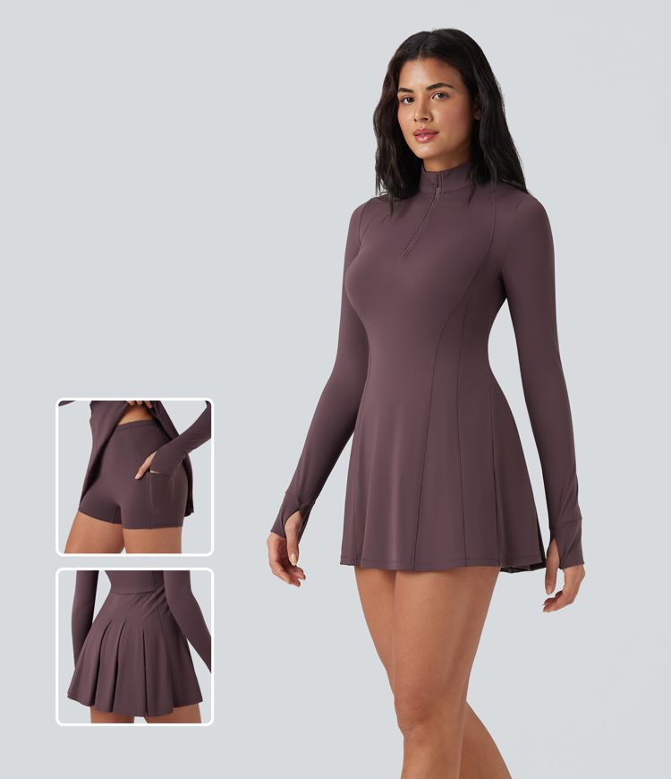 SoftlyZero™ Plush Half Zip Long Sleeve Thumb Hole 2-Piece Mini Tennis Active Dress with Pockets