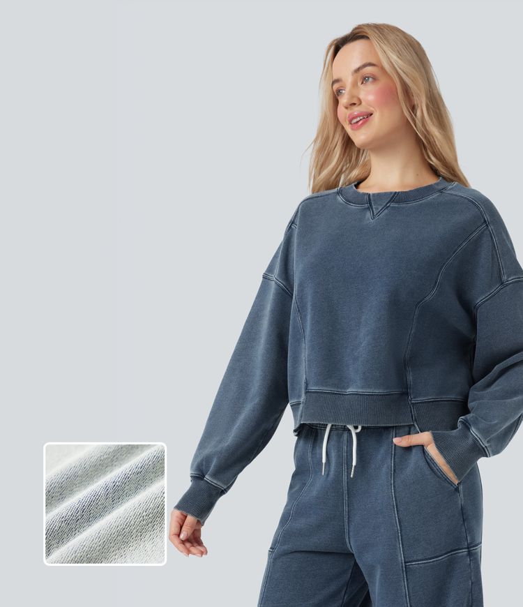 Halara Flex™ Round Neck Long Sleeve Denim Casual French Terry Sweatshirt