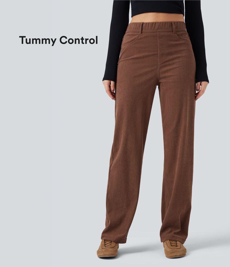 High Waisted Tummy Control Corduroy Straight Leg Casual Pants with Pockets