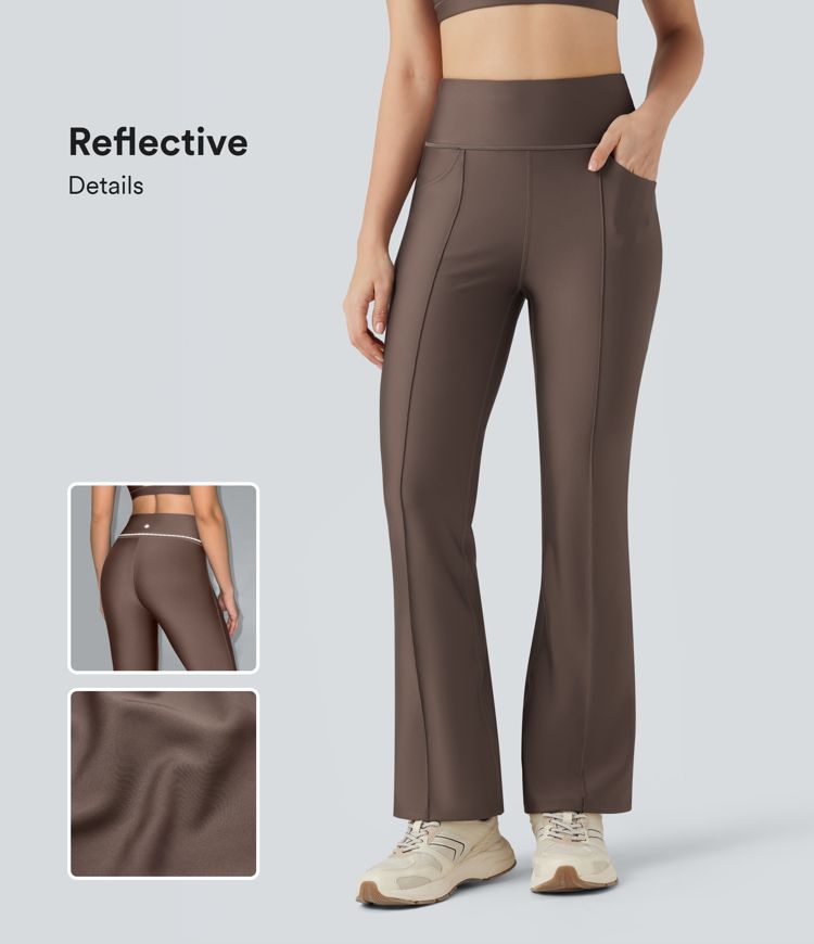Reflective High Waisted Bootcut Sheen Training Leggings with Pockets