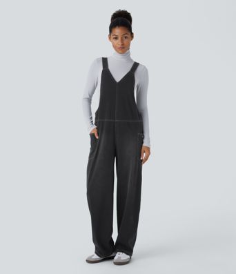 Halara Flex™ Peto casual de mezclilla con bolsillos lavados y cuello en V