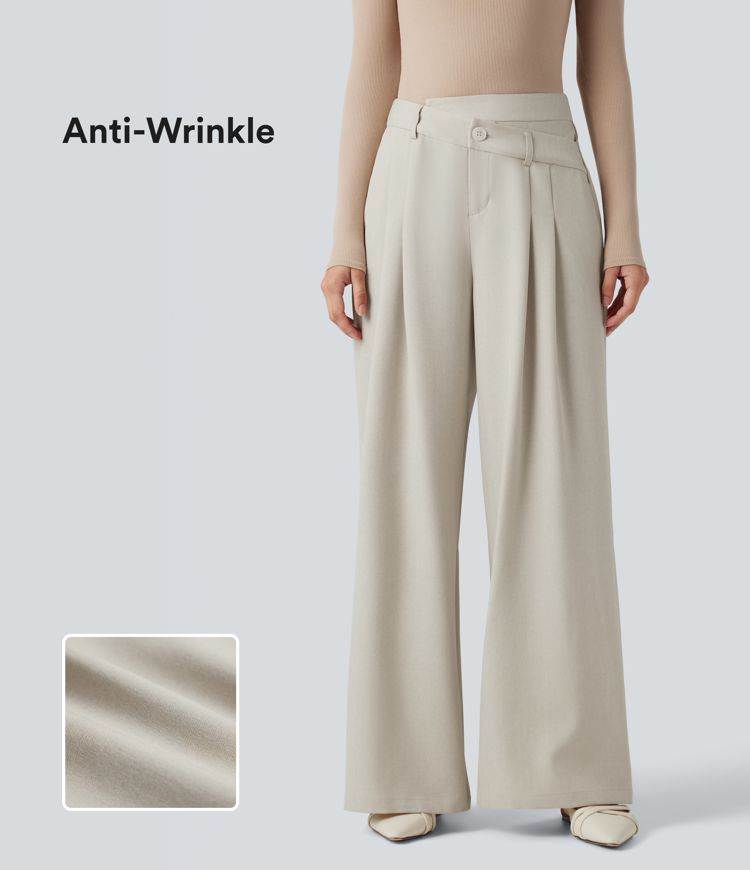 Anti-Wrinkle High Waisted Crossover Wide Leg Work Linen-Feel Pants with Pockets
