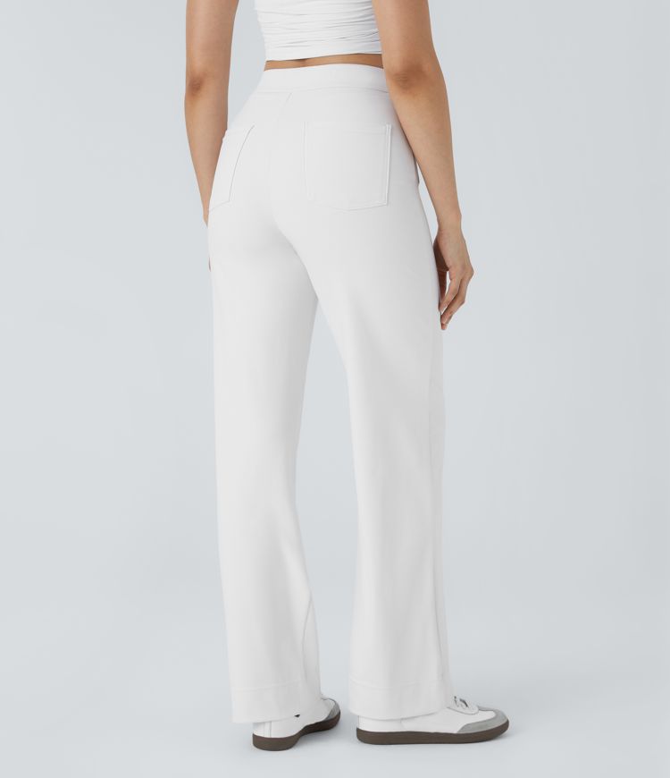 High Waisted Pockets Straight Leg Casual Pants